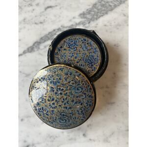 Hand Painted Blue Floral Kashmiri Style Round Coaster Set with Holder, 6 Pieces